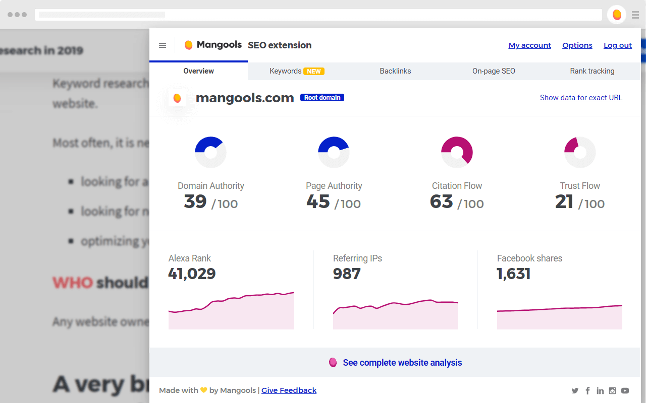 Screenshot of SEO extension by Mangools