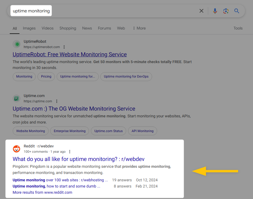 Reddit thread ranking example for 'uptime monitoring'