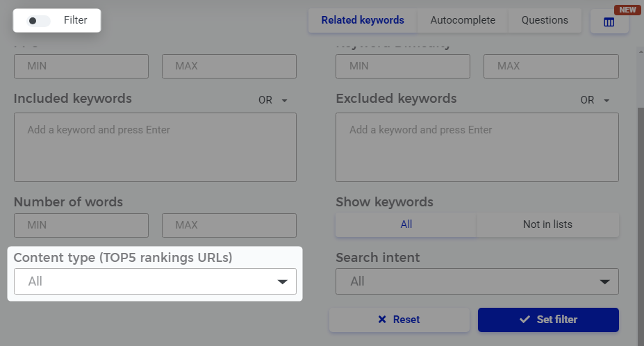 KWFinder Content type filter