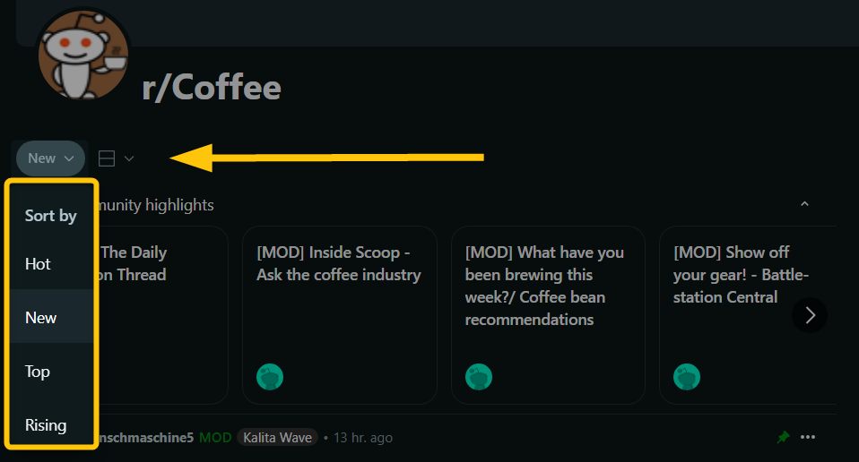 Reddit filter options: Hot, Rising, Top