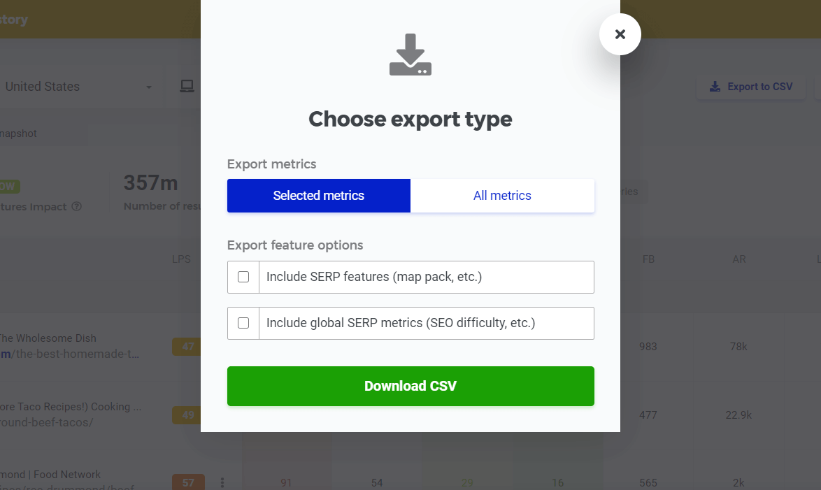 Choosing metrics to export in SERPChecker