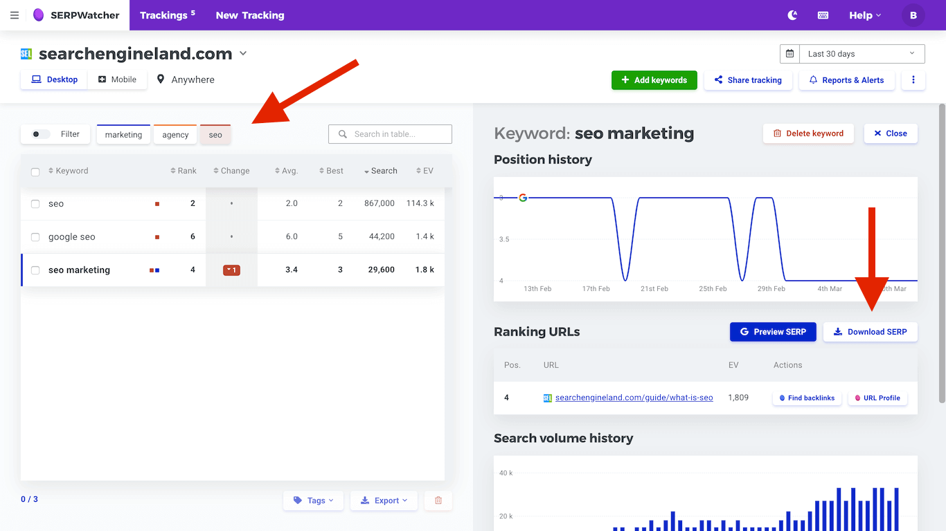 Quick tag filter and download SERP in SERPWatcher