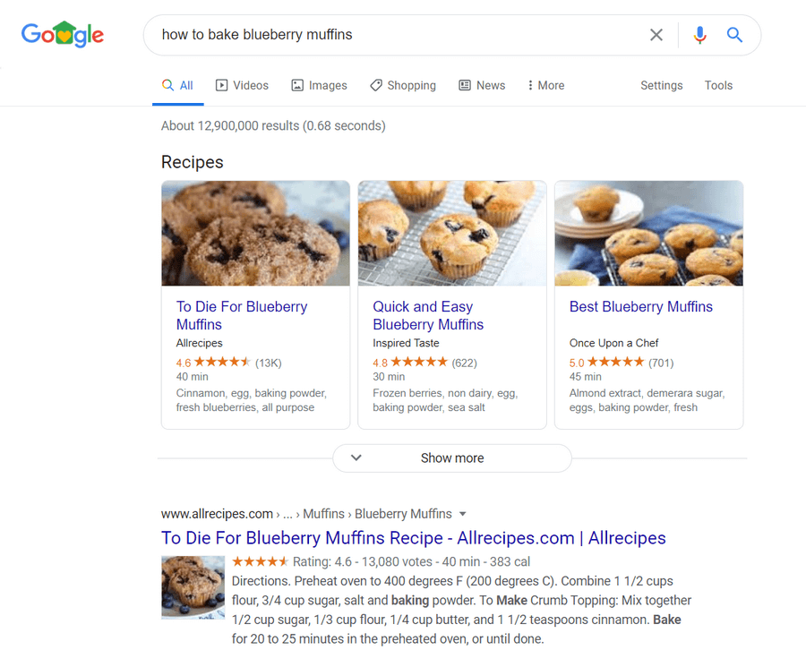 SERP results for "how to bake blueberry muffins"