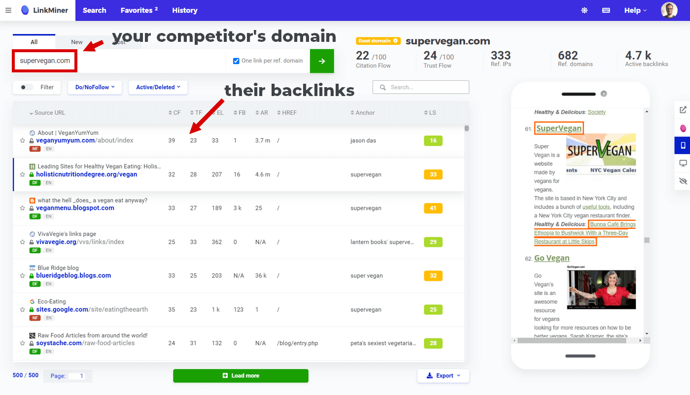 Searching for guest post opportunities in Mangools LinkMiner - example