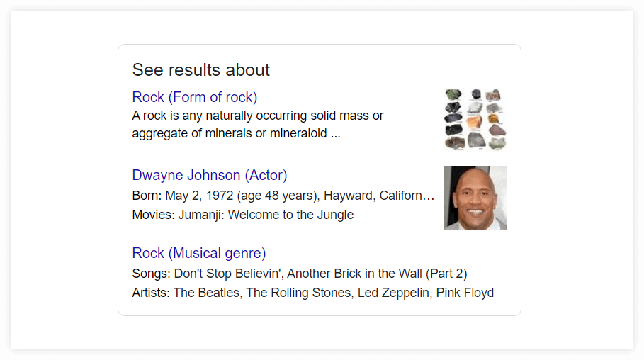 An example of a search results disambiguation for the keyword "rock"