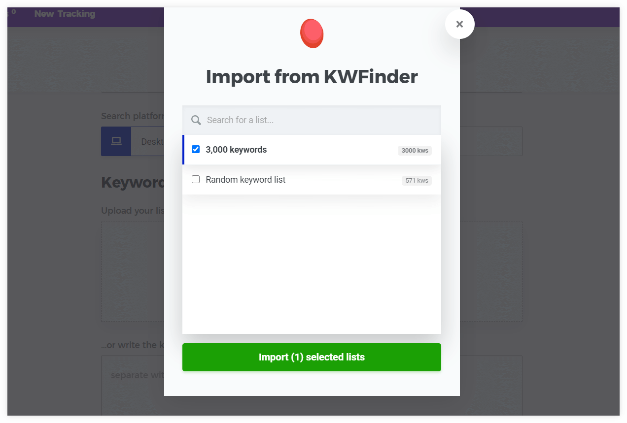 KWFinder lists in SERPWatcher when importing keywords - example