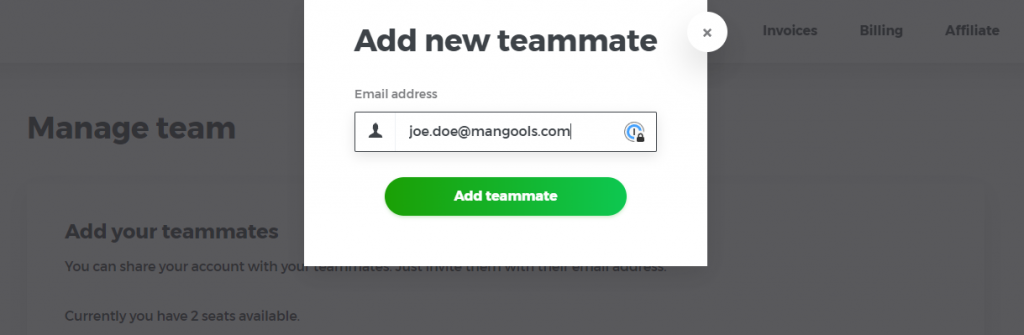 Adding new teammate to Mangools account - example