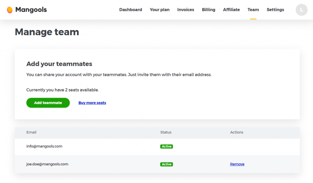 Sub-users and team management in Mangools dashboard - example