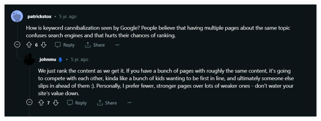 John Mueller - keyword cannibalization quote