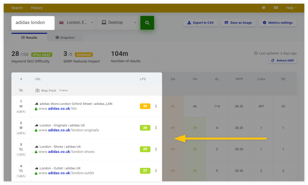 SERPChecker example - adidas london query multiple pages
