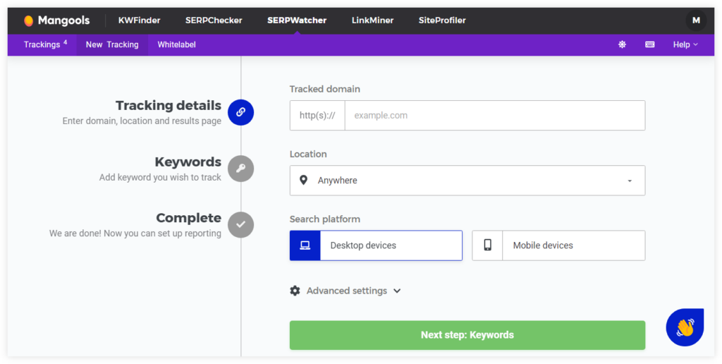 SERPWatcher - tracking keywords for mobile search - example - step 1
