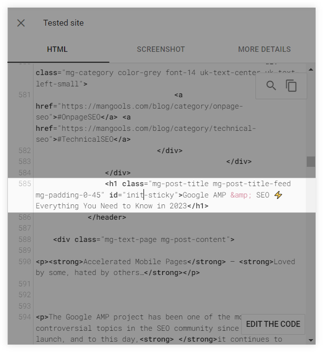 Testing H1 tag in Google Mobile-Friendly tester