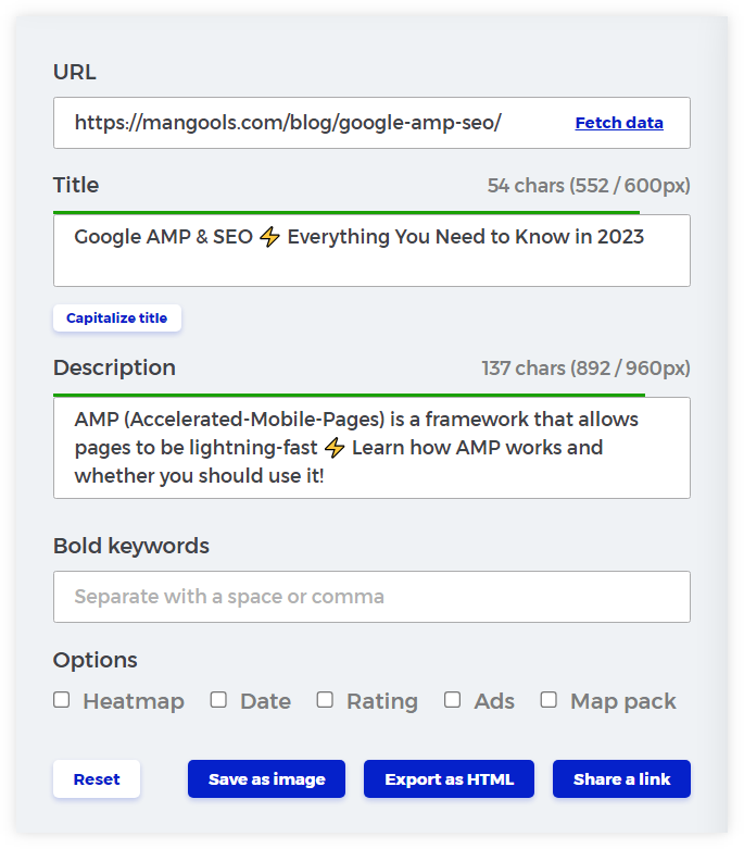Mangools SERP simulator for title tags and meta descriptions - example