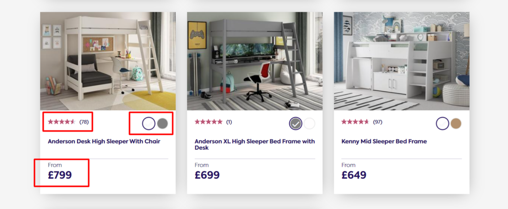 Example of product thumbnails with prices, ratings and availability