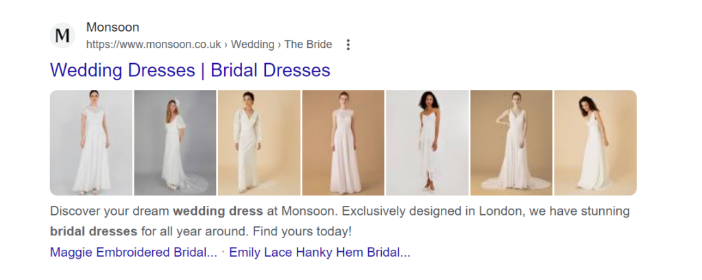 Structured data for "wedding dresses" organic snippets