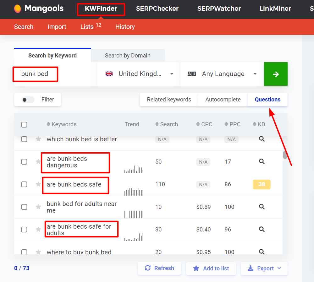 KWFinder "Questions" feature for searching question-like search queries - example