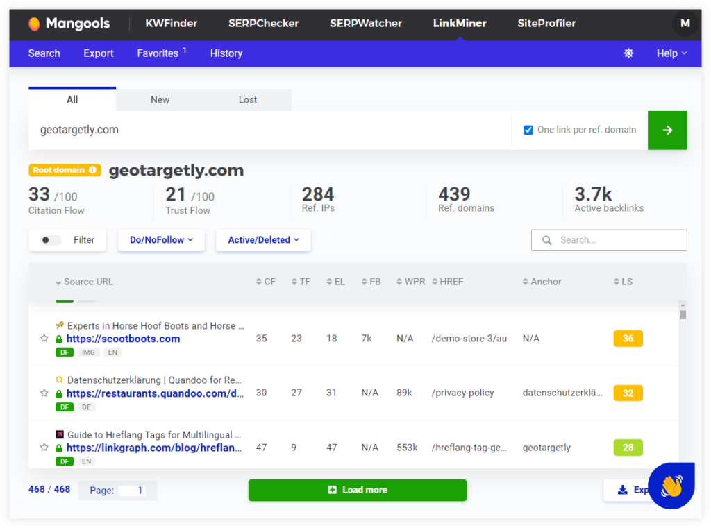 analyzing geotargetly.com in LinkMiner example