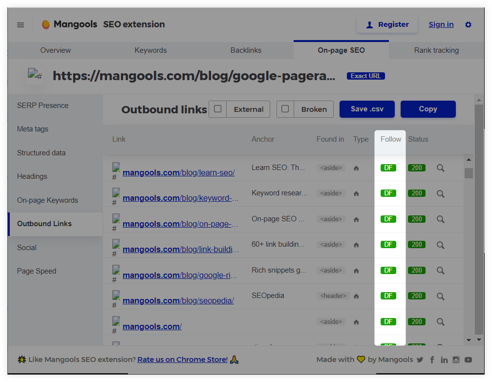 checking the nofollow status within internal links via Mangools SEO extension - example