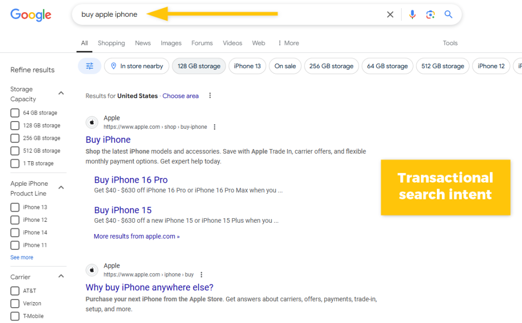 transactional search intent behind keyword - example