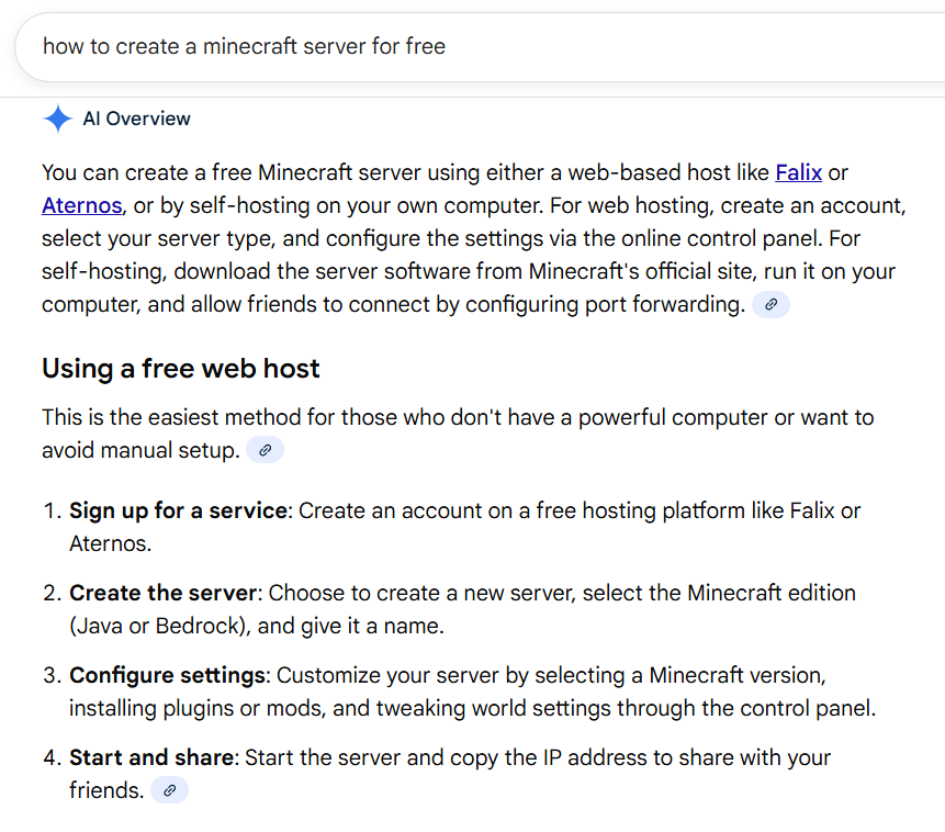 AI overviews example for keyword - how to create a minecraft server for free