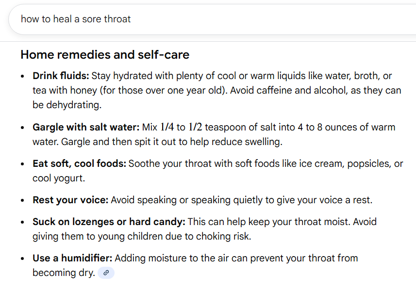AI overviews example for keyword - how to heal a sore throat