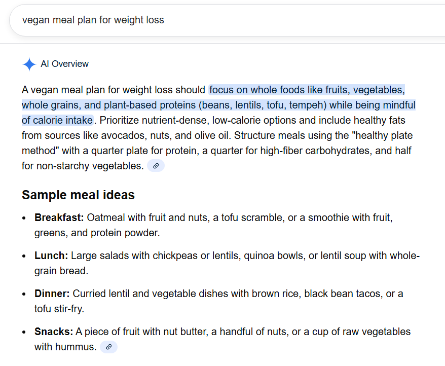 AI overviews example for keyword - vegan meal plan for weight loss