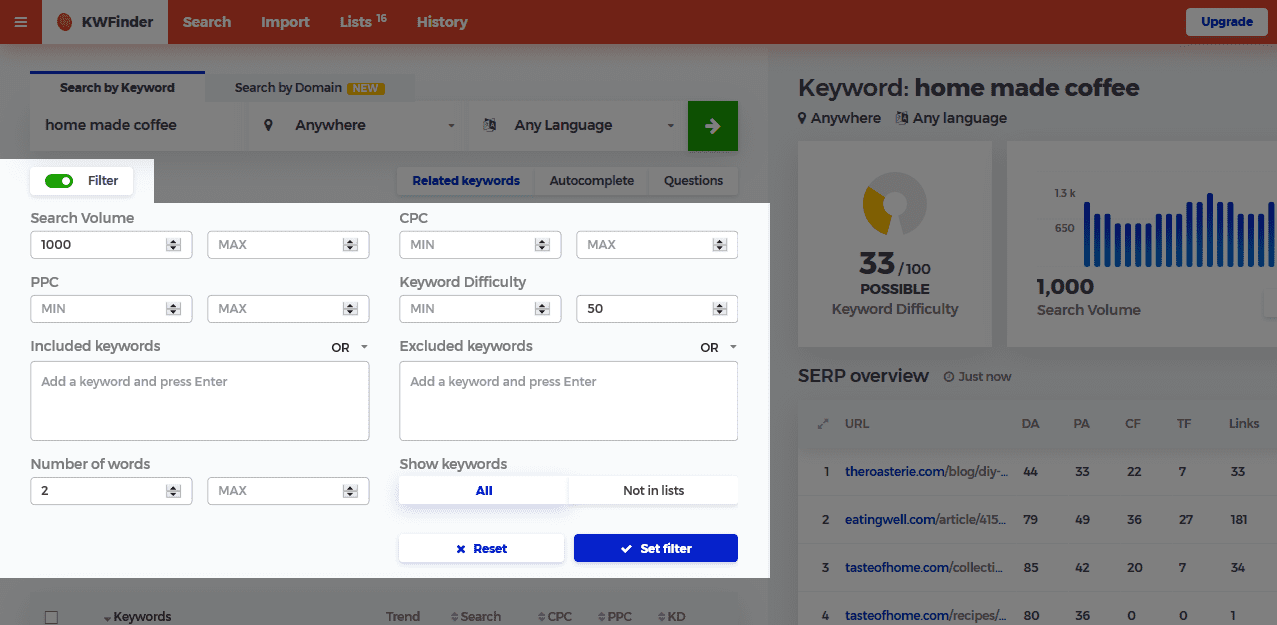 KFilter keywords in KWFinder