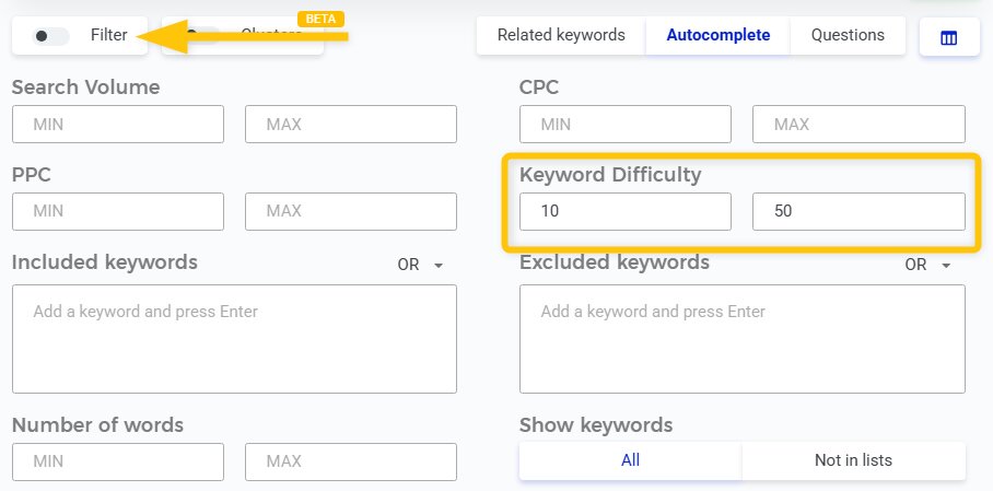 filtering long-tail keywords in KWFinder