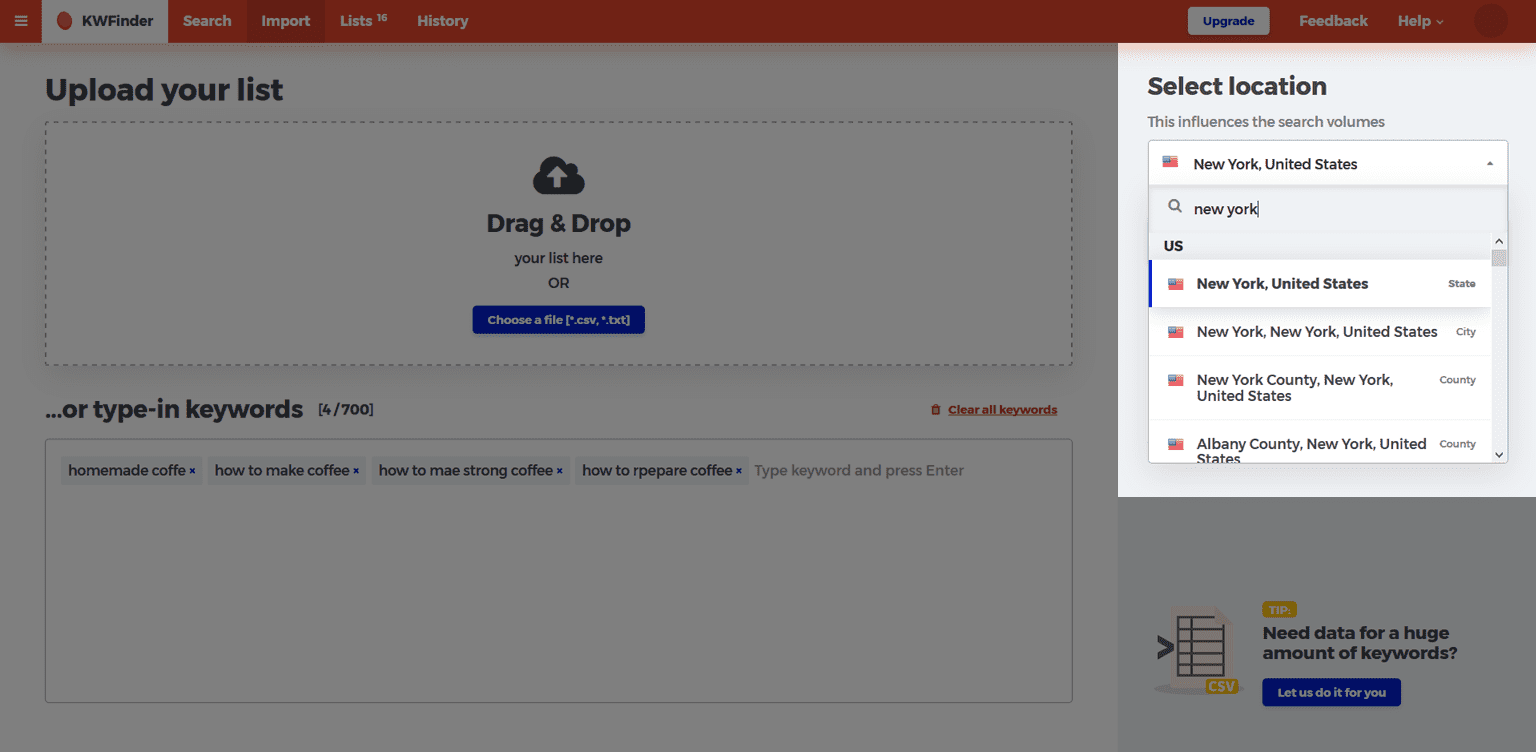 Choose location when importing your keywords