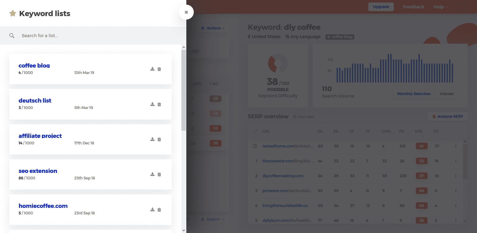 Screenshot of saved keyword lists in KWFinder