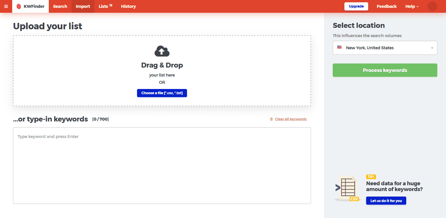 Screenshot of keyword import
