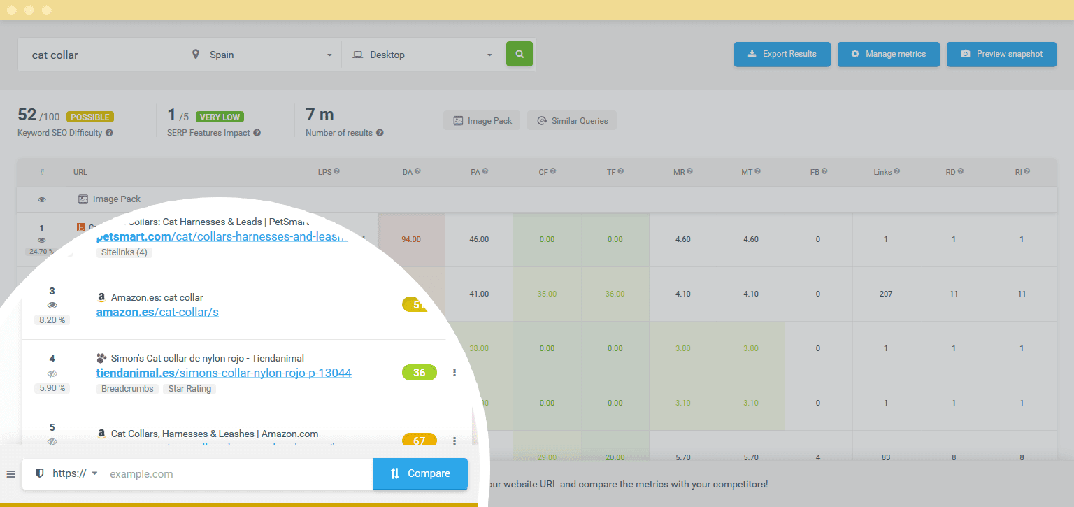 Screenshot of compare feature in SERPChecker